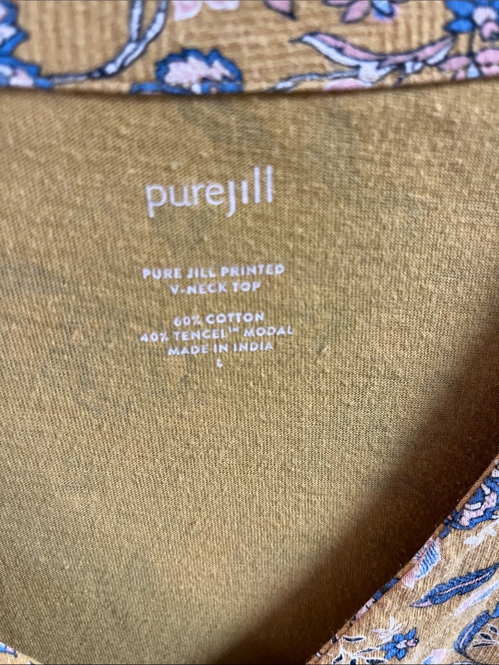 Jjill Women's Floral V-Neck Long Sleeve Top in Mustard Yellow.  Good condition. - Picture 4 of 4